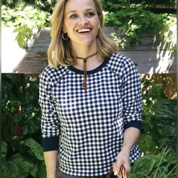 Draper James Natalie Gingham Blue & White Sweatshirt Women's Size Medium - Picture 2 of 10